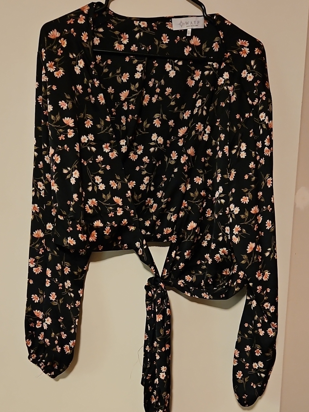 Wayf Black Floral Tie-Front Blouse with Pink & Cream Flowers
